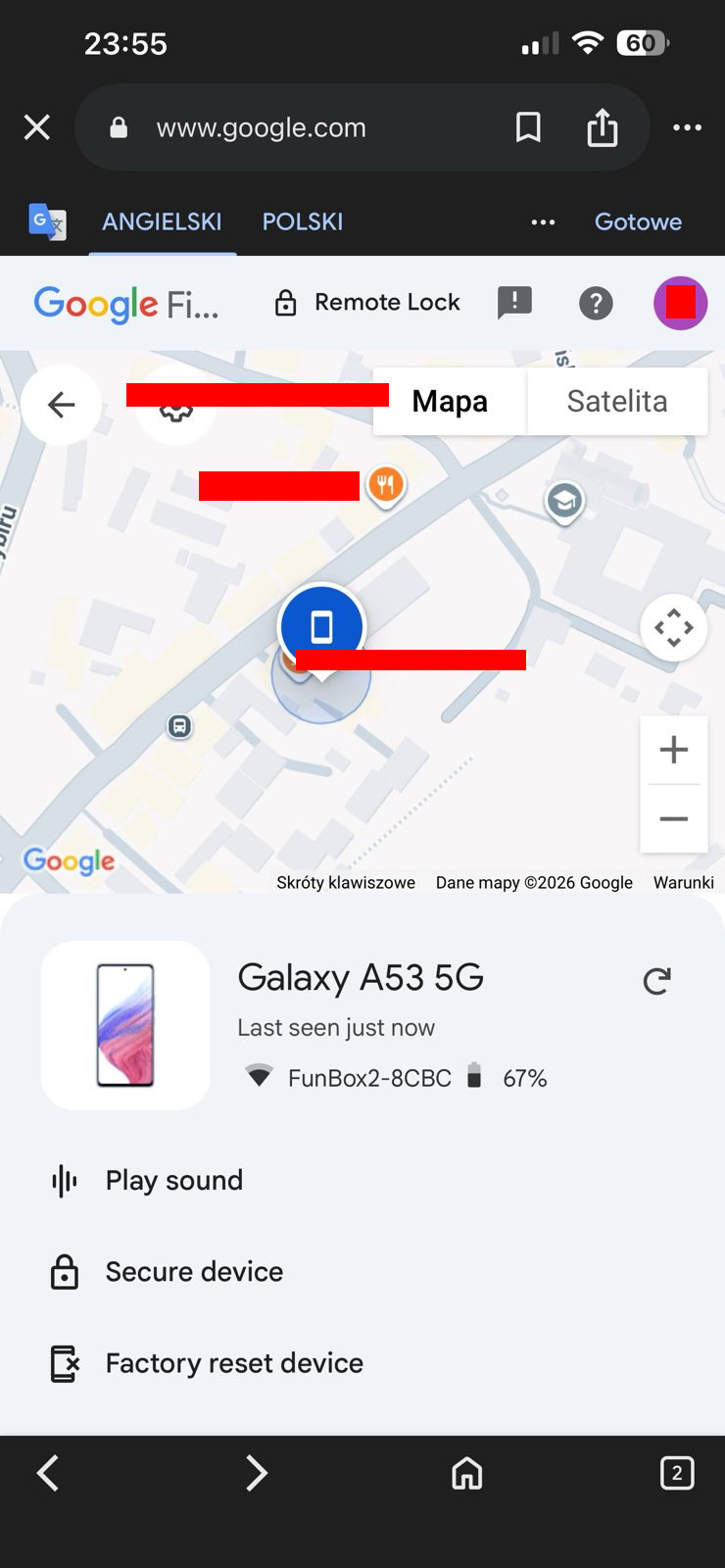 Zrzut ekranu przedstawiający lokalizację urządzenia i opcje wymazywania dostępne do kliknięcia.