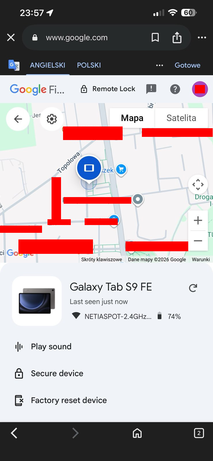 Zrzut ekranu przedstawiający lokalizację urządzenia i opcje wymazywania dostępne do kliknięcia.