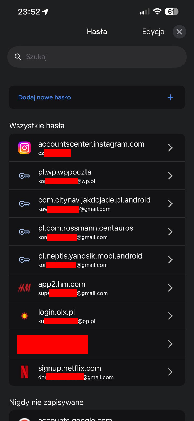 Zrzut ekranu przedstawiający zapisane hasła w przeglądarce, m.in. do poczty internetowej oraz Instagrama.