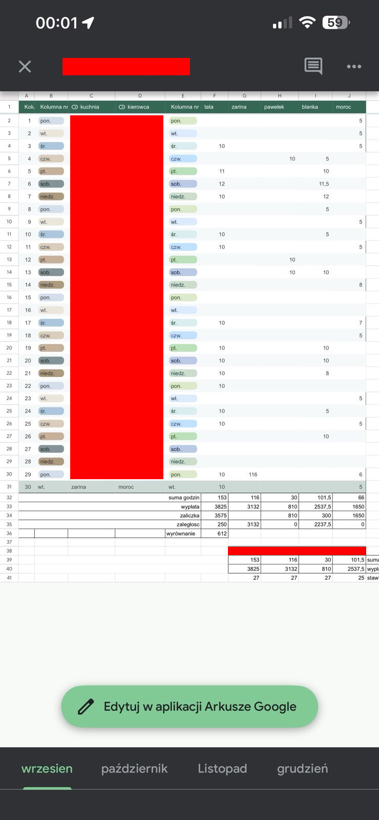 Zrzut ekranu przedstawiający arkusz kalkulacyjny i informacje o wypłatach.