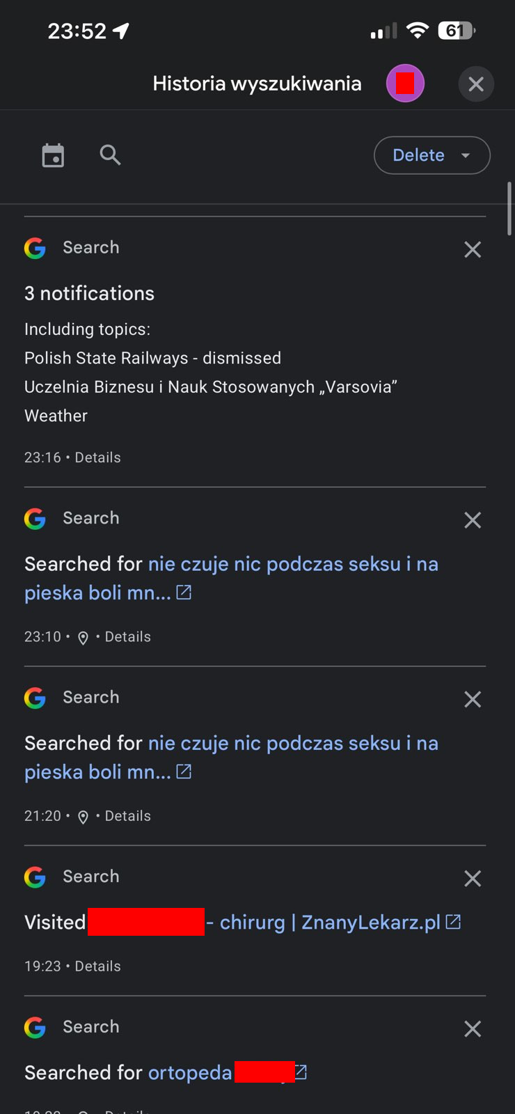 Zrzut ekranu przedstawiający historię wyszukiwania. Informacje na temat braku odczuwania satysfakcji ze stosunku seksualnego w określonej pozycji.
